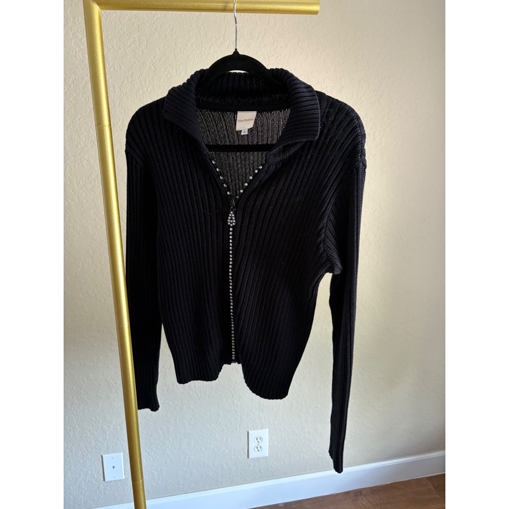 von Saken Sweater Ribbed Rhinestone Zip Front Holiday Glam Going Out Event